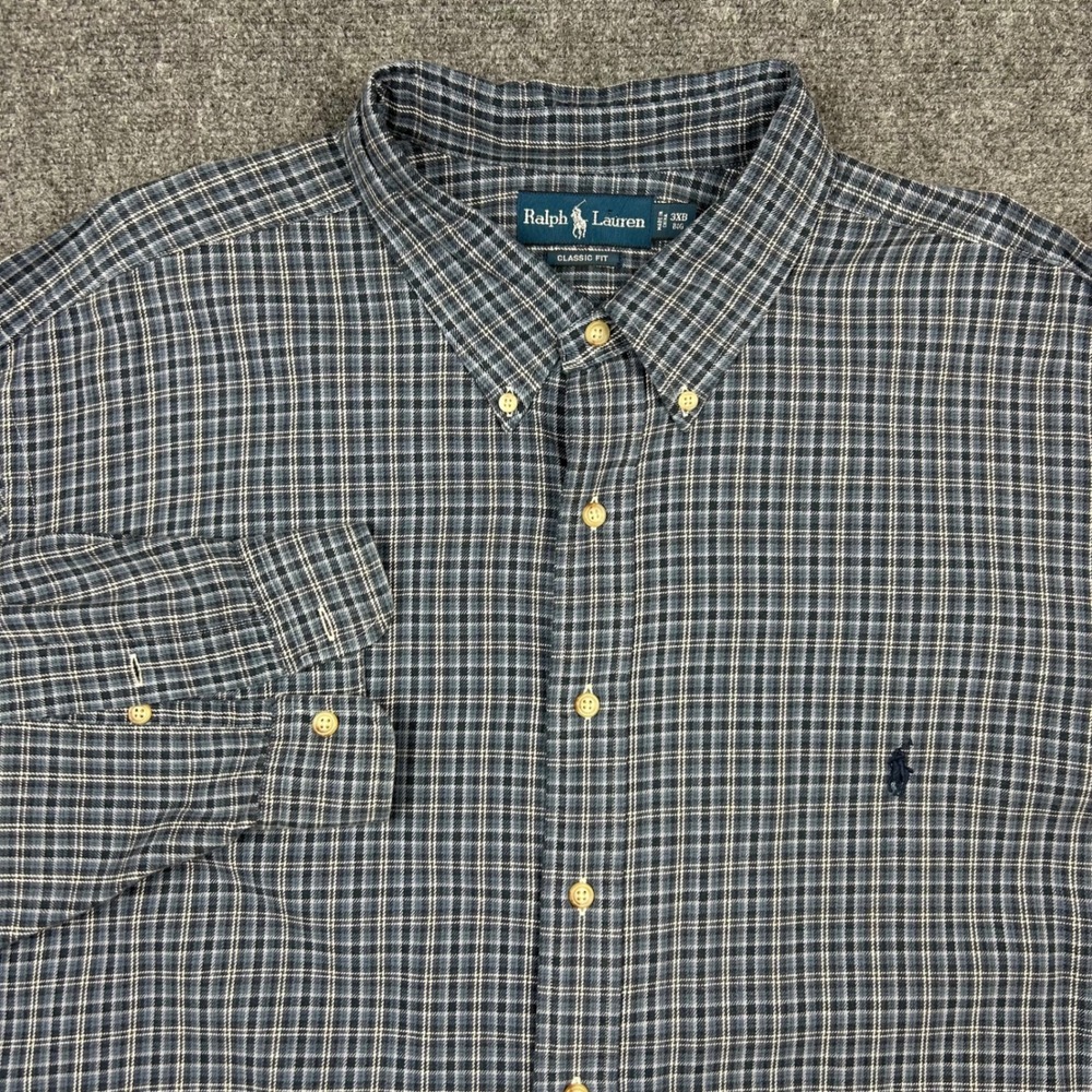 Ralph Lauren Button Down Shirt Mens 3XB Blue Plaid Classic Fit Pony Long Sleeve